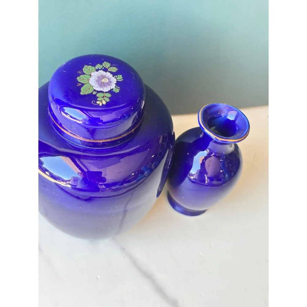 Vintage Cobalt Blue Peacock Ginger Jar and Bud Vase Set Gold Accents Chinoiserie